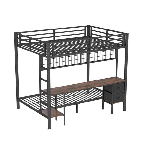 Hochbett 90x200 & 140x200, Eisenrahmen, Schubladen, Ablagen, LED-Leiste, USB-Anschluss, Schreibtisch, Schwarz