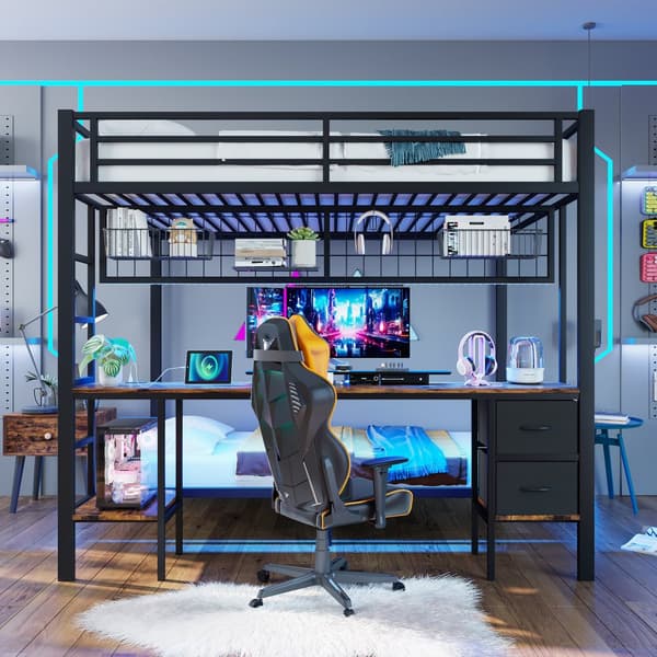 Hochbett 90x200 & 140x200, Eisenrahmen, Schubladen, Ablagen, LED-Leiste, USB-Anschluss, Schreibtisch, Schwarz