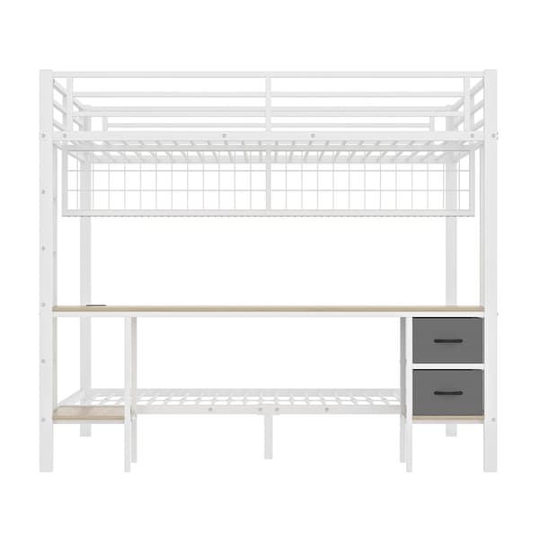 Kerrossänky, 90x200/140x200, Rautarunko, Laatikot, Säilytyshyllyt, Työpöytä, 7-värinen LED-valonauha, USB-portti, Valkoinen
