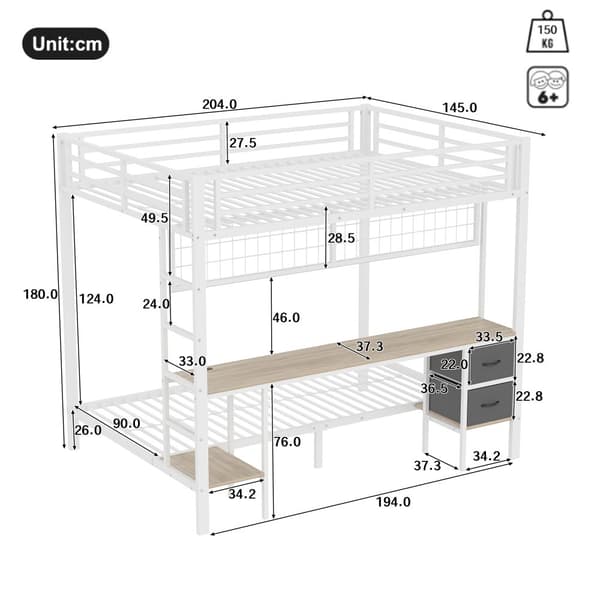 Kerrossänky, 90x200/140x200, Rautarunko, Laatikot, Säilytyshyllyt, Työpöytä, 7-värinen LED-valonauha, USB-portti, Valkoinen