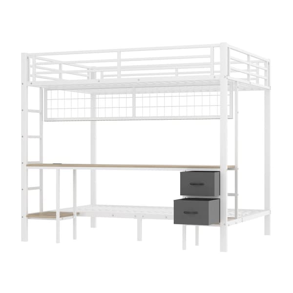 Kerrossänky, 90x200/140x200, Rautarunko, Laatikot, Säilytyshyllyt, Työpöytä, 7-värinen LED-valonauha, USB-portti, Valkoinen