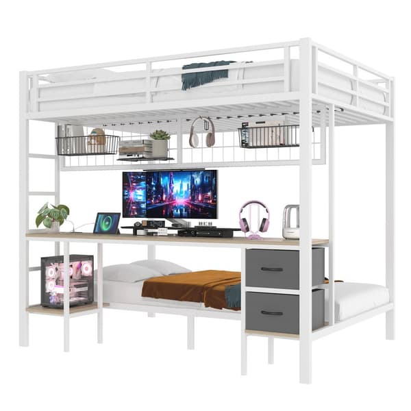 Kerrossänky, 90x200/140x200, Rautarunko, Laatikot, Säilytyshyllyt, Työpöytä, 7-värinen LED-valonauha, USB-portti, Valkoinen