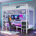 Pikkukuva 2 / 11: Kerrossänky, 90x200/140x200, Rautarunko, Laatikot, Säilytyshyllyt, Työpöytä, 7-värinen LED-valonauha, USB-portti, Valkoinen