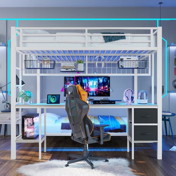 Kerrossänky, 90x200/140x200, Rautarunko, Laatikot, Säilytyshyllyt, Työpöytä, 7-värinen LED-valonauha, USB-portti, Valkoinen