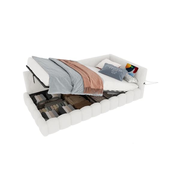 Daybett, 90\*200cm, Schlafsofa, Kevyt ruoste, LED-valo, Hydraulinen nostomekanismi, USB ja Type-C, Valkoinen