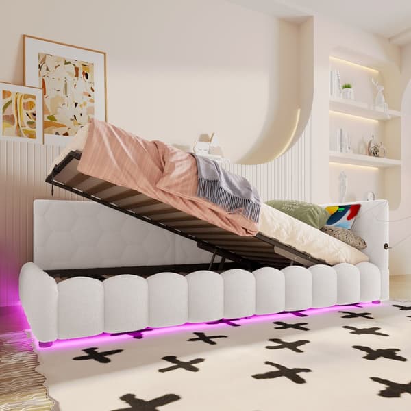 Daybett, 90\*200cm, Schlafsofa, Kevyt ruoste, LED-valo, Hydraulinen nostomekanismi, USB ja Type-C, Valkoinen