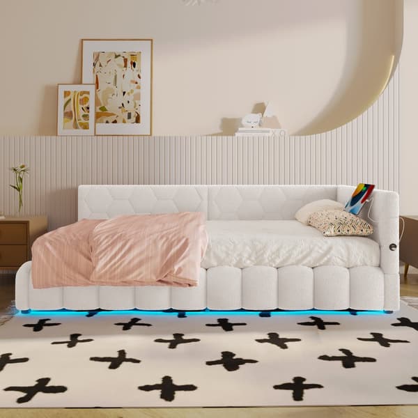 Daybett, 90\*200cm, Schlafsofa, Kevyt ruoste, LED-valo, Hydraulinen nostomekanismi, USB ja Type-C, Valkoinen