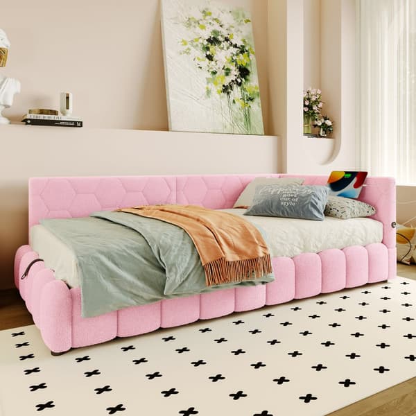 Daybett, 90\*200cm, Schlafsofa, mit Lattenrost, LED-Lichtleiste, hydraulischer Hebemechanismus, USB-Type-C, Vliesimitat, Rosa