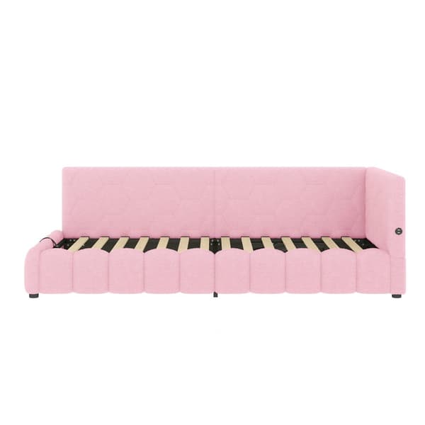 Daybett, 90\*200cm, Schlafsofa, mit Lattenrost, LED-Lichtleiste, hydraulischer Hebemechanismus, USB-Type-C, Vliesimitat, Rosa