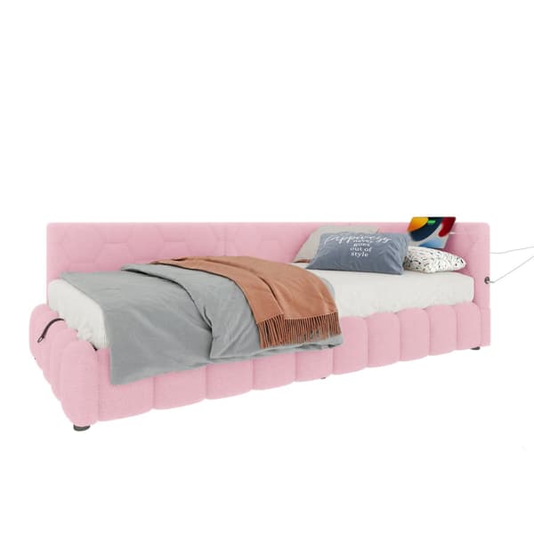 Daybett, 90\*200cm, Schlafsofa, mit Lattenrost, LED-Lichtleiste, hydraulischer Hebemechanismus, USB-Type-C, Vliesimitat, Rosa