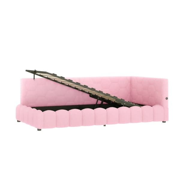 Daybett, 90\*200cm, Schlafsofa, mit Lattenrost, LED-Lichtleiste, hydraulischer Hebemechanismus, USB-Type-C, Vliesimitat, Rosa
