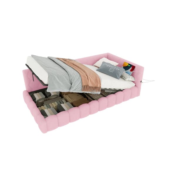 Daybett, 90\*200cm, Schlafsofa, mit Lattenrost, LED-Lichtleiste, hydraulischer Hebemechanismus, USB-Type-C, Vliesimitat, Rosa