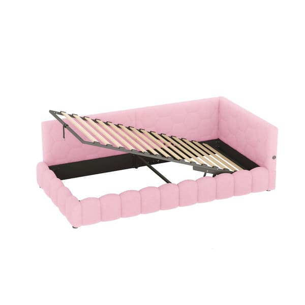 Daybett, 90\*200cm, Schlafsofa, mit Lattenrost, LED-Lichtleiste, hydraulischer Hebemechanismus, USB-Type-C, Vliesimitat, Rosa