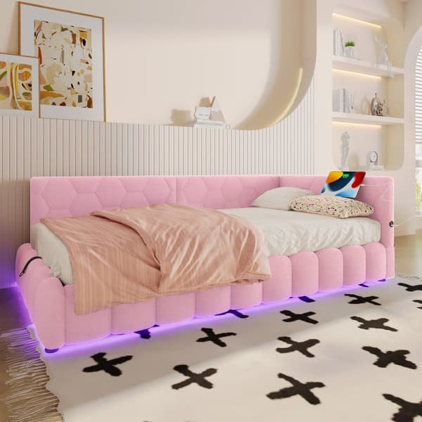 Daybett, 90\*200cm, Schlafsofa, mit Lattenrost, LED-Lichtleiste, hydraulischer Hebemechanismus, USB-Type-C, Vliesimitat, Rosa