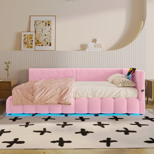 Daybett, 90\*200cm, Schlafsofa, mit Lattenrost, LED-Lichtleiste, hydraulischer Hebemechanismus, USB-Type-C, Vliesimitat, Rosa