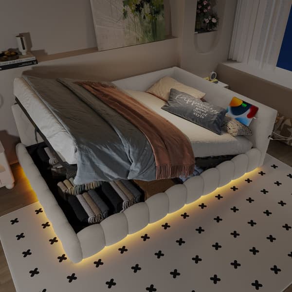 Daybett 140x200cm, Schlafsofa, LED-Lichtleiste, hydrauliikka, USB+Type-C, Vliesimitat, Weiß