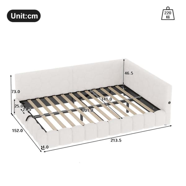 Daybett 140x200cm, Schlafsofa, LED-Lichtleiste, hydrauliikka, USB+Type-C, Vliesimitat, Weiß