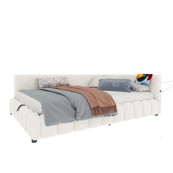 Daybett 140x200cm, Schlafsofa, LED-Lichtleiste, hydrauliikka, USB+Type-C, Vliesimitat, Weiß