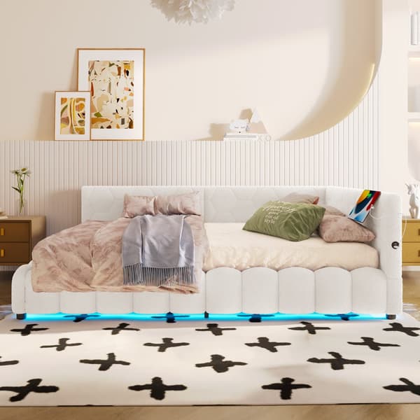 Daybett 140x200cm, Schlafsofa, LED-Lichtleiste, hydrauliikka, USB+Type-C, Vliesimitat, Weiß