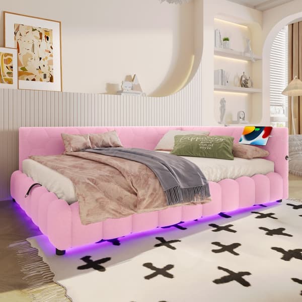 Daybett, 140x200cm, Schlafsofa, LED-Lichtleiste, hydraulischer Hebemechanismus, USB+Type-C, Vliesimitat, Pinkki