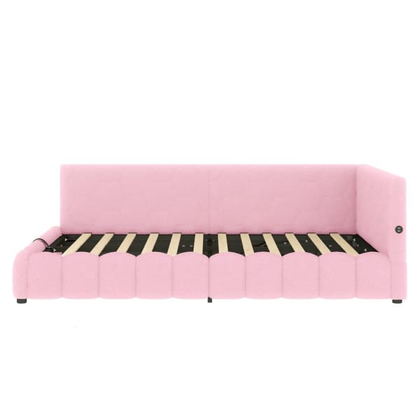 Daybett, 140x200cm, Schlafsofa, LED-Lichtleiste, hydraulischer Hebemechanismus, USB+Type-C, Vliesimitat, Pinkki