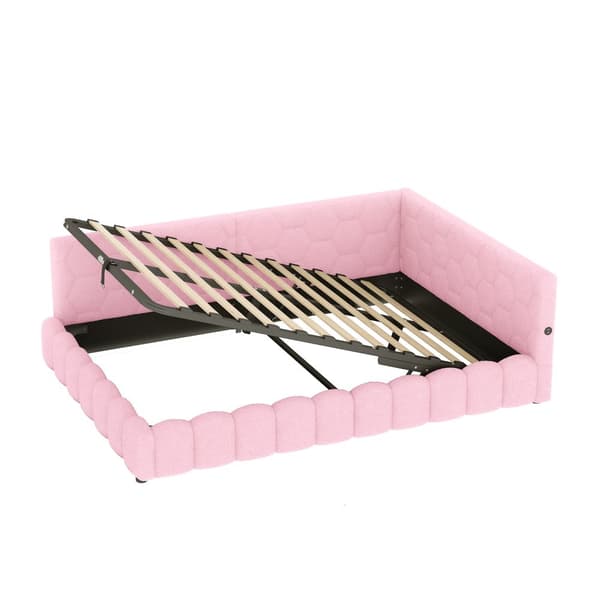 Daybett, 140x200cm, Schlafsofa, LED-Lichtleiste, hydraulischer Hebemechanismus, USB+Type-C, Vliesimitat, Pinkki