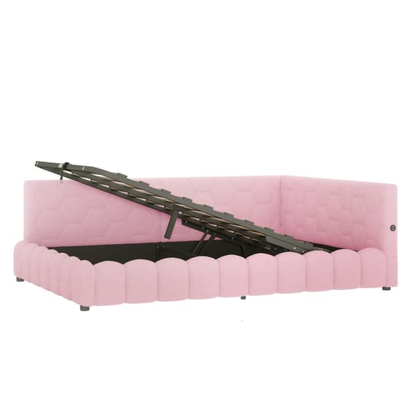 Daybett, 140x200cm, Schlafsofa, LED-Lichtleiste, hydraulischer Hebemechanismus, USB+Type-C, Vliesimitat, Pinkki