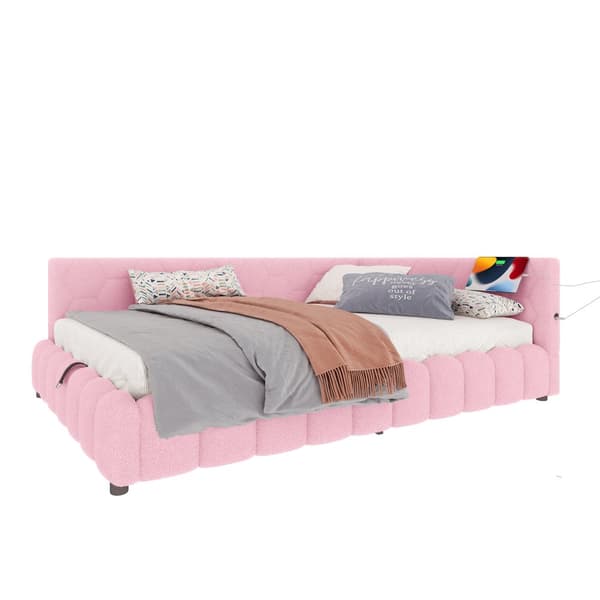 Daybett, 140x200cm, Schlafsofa, LED-Lichtleiste, hydraulischer Hebemechanismus, USB+Type-C, Vliesimitat, Pinkki
