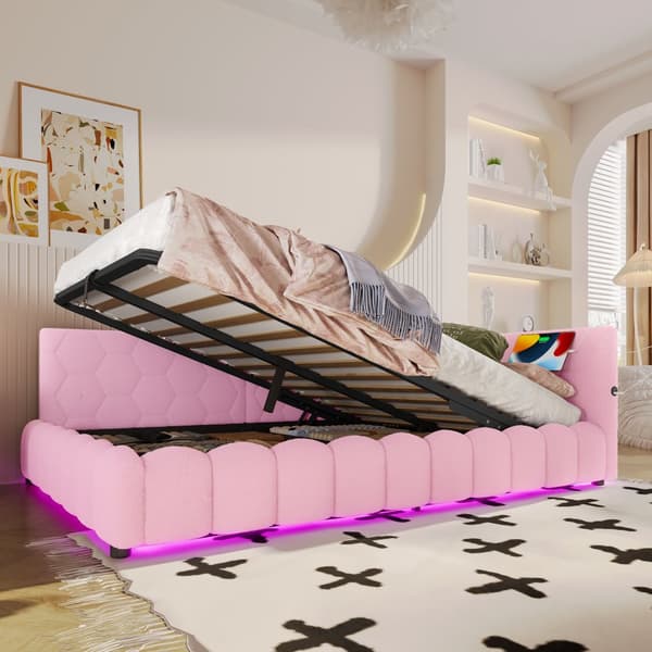 Daybett, 140x200cm, Schlafsofa, LED-Lichtleiste, hydraulischer Hebemechanismus, USB+Type-C, Vliesimitat, Pinkki
