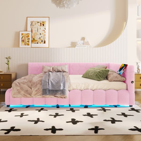 Daybett, 140x200cm, Schlafsofa, LED-Lichtleiste, hydraulischer Hebemechanismus, USB+Type-C, Vliesimitat, Pinkki