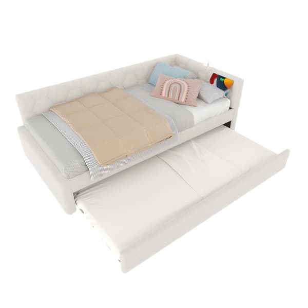 Daybett, 90\*200cm, Schlafsofa, mit Ausziehbett, USB & Type-C, Nachttischlampe, Vliesimitat, Weiß