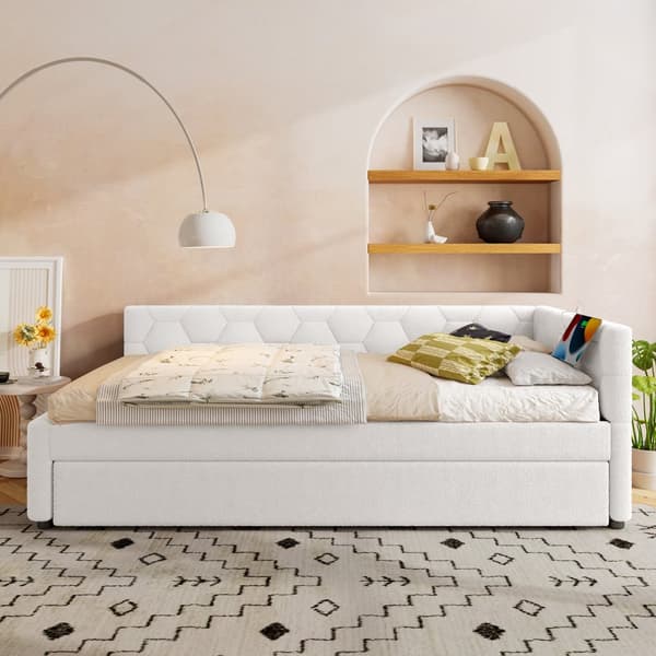Daybett, 90\*200cm, Schlafsofa, mit Ausziehbett, USB & Type-C, Nachttischlampe, Vliesimitat, Weiß