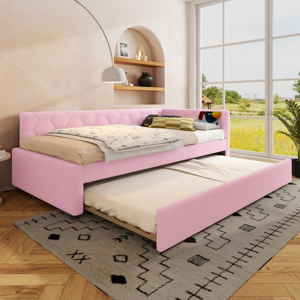 Daybett, 90x200cm, Tagesbett, Schlafsofa, mit Lattenrost, Ausziehbett, USB-Anschluss, Vliesimitat, Rosa