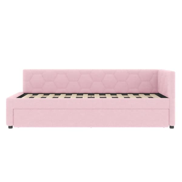 Daybett, 90x200cm, Tagesbett, Schlafsofa, mit Lattenrost, Ausziehbett, USB-Anschluss, Vliesimitat, Rosa