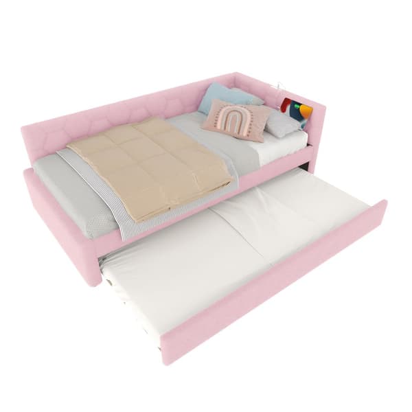 Daybett, 90x200cm, Tagesbett, Schlafsofa, mit Lattenrost, Ausziehbett, USB-Anschluss, Vliesimitat, Rosa