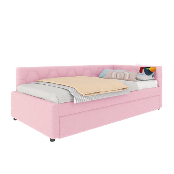 Daybett, 90x200cm, Tagesbett, Schlafsofa, mit Lattenrost, Ausziehbett, USB-Anschluss, Vliesimitat, Rosa