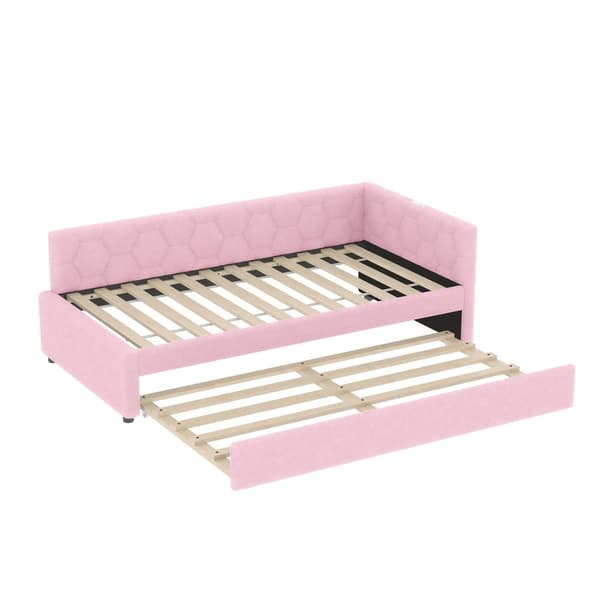 Daybett, 90x200cm, Tagesbett, Schlafsofa, mit Lattenrost, Ausziehbett, USB-Anschluss, Vliesimitat, Rosa