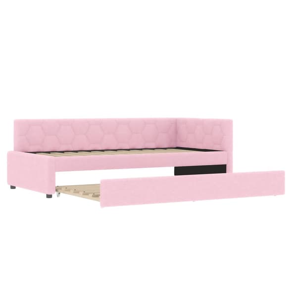 Daybett, 90x200cm, Tagesbett, Schlafsofa, mit Lattenrost, Ausziehbett, USB-Anschluss, Vliesimitat, Rosa