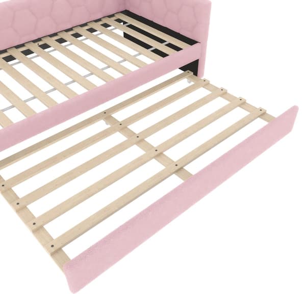 Daybett, 90x200cm, Tagesbett, Schlafsofa, mit Lattenrost, Ausziehbett, USB-Anschluss, Vliesimitat, Rosa