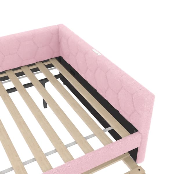 Daybett, 90x200cm, Tagesbett, Schlafsofa, mit Lattenrost, Ausziehbett, USB-Anschluss, Vliesimitat, Rosa
