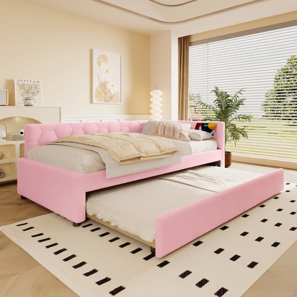 Daybett, 90x200cm, Tagesbett, Schlafsofa, mit Lattenrost, Ausziehbett, USB-Anschluss, Vliesimitat, Rosa