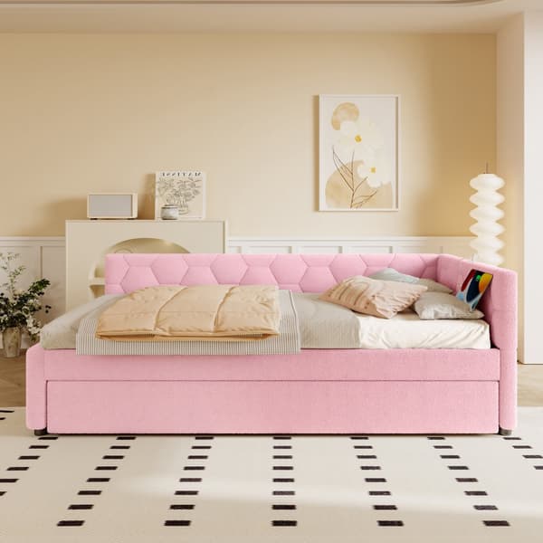 Daybett, 90x200cm, Tagesbett, Schlafsofa, mit Lattenrost, Ausziehbett, USB-Anschluss, Vliesimitat, Rosa