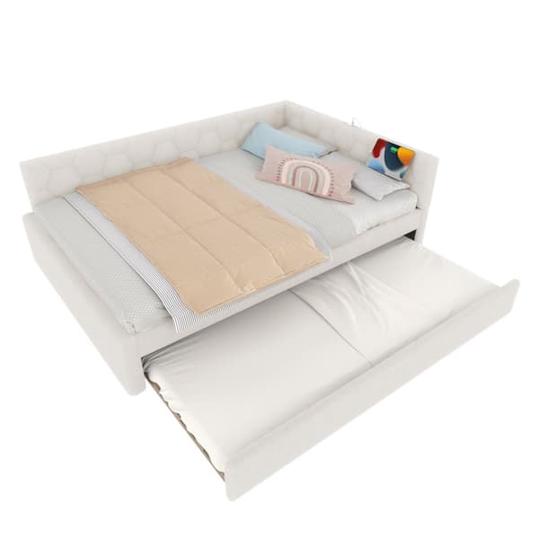 Daybett, 140\*200cm, Tagesbett, Schlafsofa, Bett mit Lattenrost, Nachttischlampe, Ausziehbett, USB-Anschluss, Type-C, Vliesimitat, Weiß