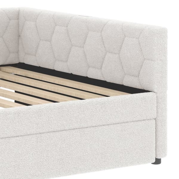 Daybett, 140\*200cm, Tagesbett, Schlafsofa, Bett mit Lattenrost, Nachttischlampe, Ausziehbett, USB-Anschluss, Type-C, Vliesimitat, Weiß