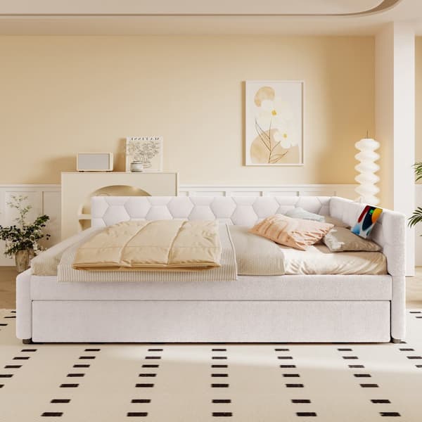 Daybett, 140\*200cm, Tagesbett, Schlafsofa, Bett mit Lattenrost, Nachttischlampe, Ausziehbett, USB-Anschluss, Type-C, Vliesimitat, Weiß