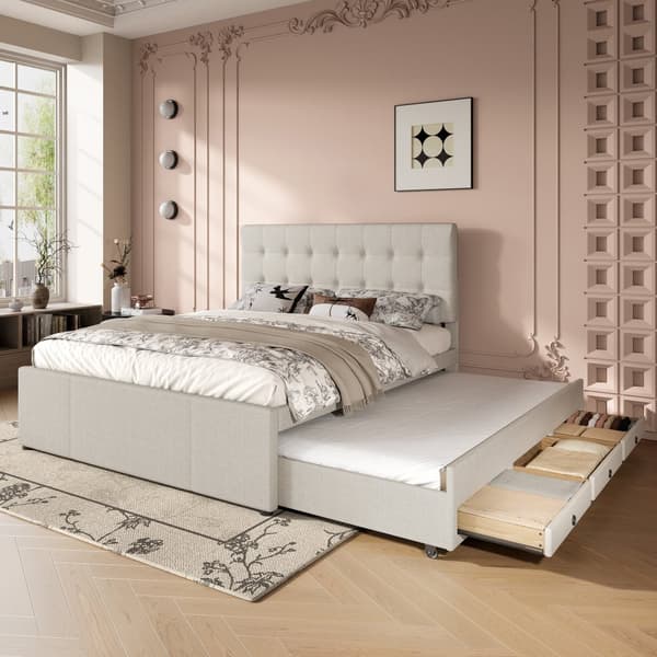 Pehmustettu kuolain, 140x200cm, Doppelbitt, Family kuolain, 3 Schubladen, Ausziehbares bitt, Verstellbares kopfteil, Ohne Matratze, beige