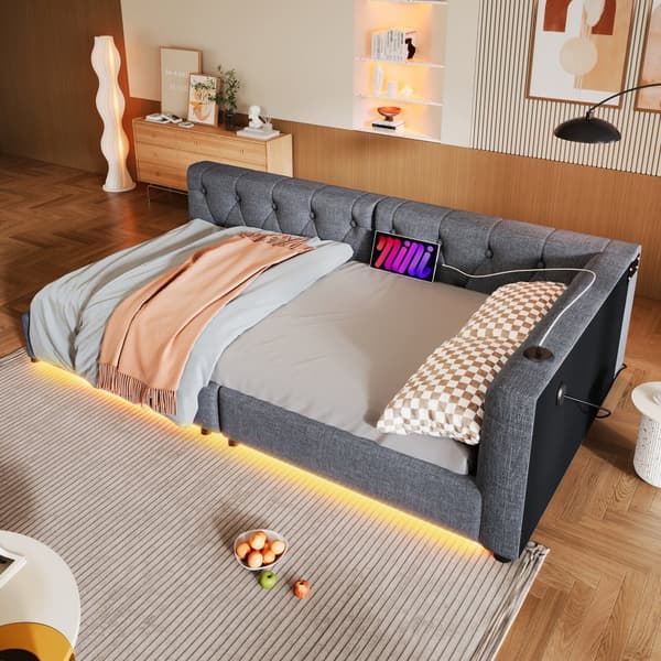 Schlafsofa, Daybett, 90x200cm, mit Lattenrost, Ambientebeleuchtung, Kopfteil mit Knopftuft, USB+Typ-C, Leinen, Grau