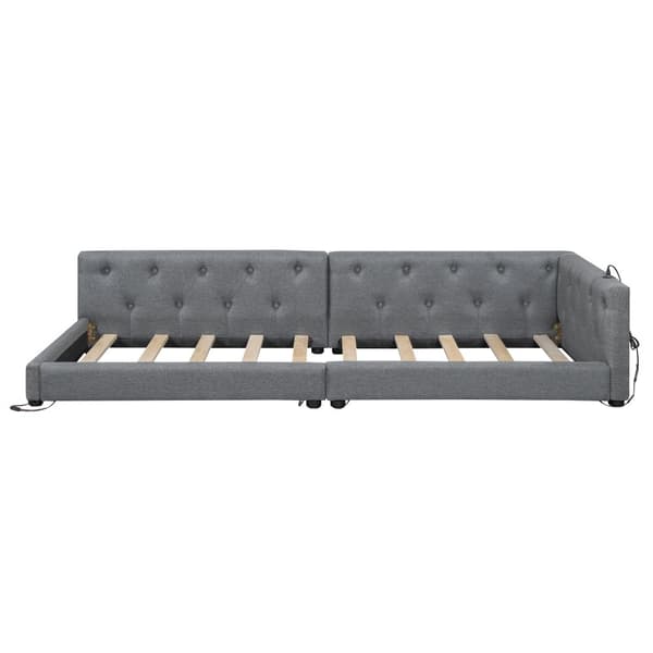 Schlafsofa, Daybett, 90x200cm, mit Lattenrost, Ambientebeleuchtung, Kopfteil mit Knopftuft, USB+Typ-C, Leinen, Grau