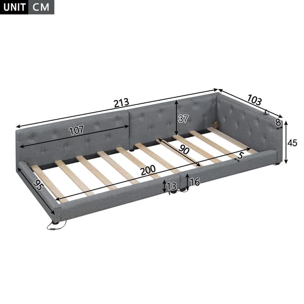 Schlafsofa, Daybett, 90x200cm, mit Lattenrost, Ambientebeleuchtung, Kopfteil mit Knopftuft, USB+Typ-C, Leinen, Grau