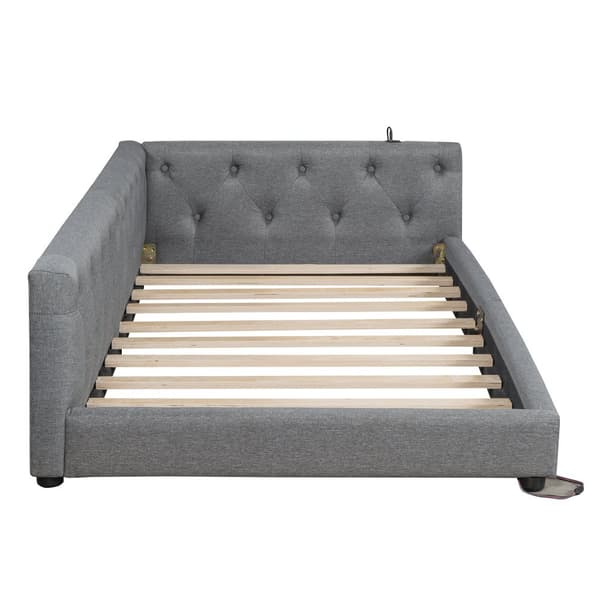 Schlafsofa, Daybett, 90x200cm, mit Lattenrost, Ambientebeleuchtung, Kopfteil mit Knopftuft, USB+Typ-C, Leinen, Grau